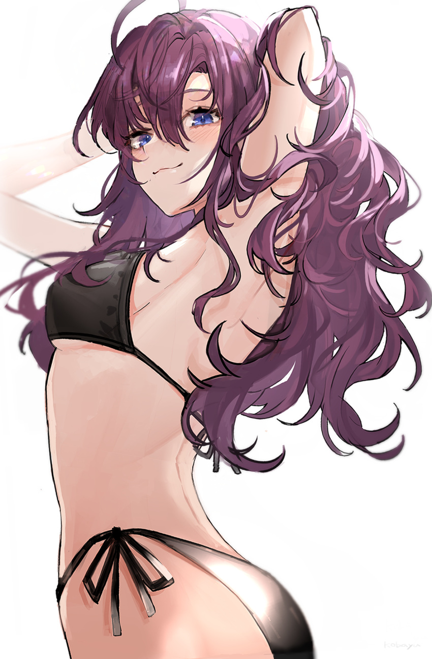 1girl :3 aho armpits bikini black_bikini blush hands_in_hair highres ichinose_shiki idolmaster idolmaster_cinderella_girls kobayuu long_hair looking_at_viewer messy_hair purple_hair side-tie_bikini simple_background solo swimsuit twisted_torso white_background