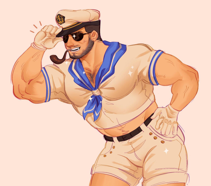 1boy bara black_hair chest_hair chris_redfield facial_hair geckomitts gloves hand_on_hip hat highres large_pectorals male_focus muscular muscular_male official_alternate_costume pectorals pipe pipe_in_mouth resident_evil resident_evil_revelations sailor sailor_collar sailor_hat sailor_shirt shirt short_hair short_shorts shorts smile solo sunglasses teeth white_gloves white_shorts