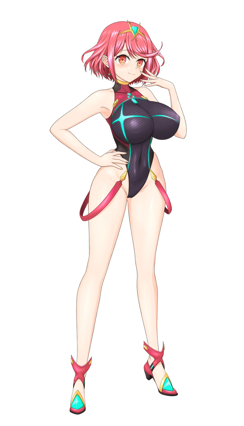 1girl absurdres bangs black_swimsuit breasts chest_jewel competition_swimsuit covered_collarbone covered_navel feichu_keju gem headpiece highres large_breasts one-piece_swimsuit paid_reward_available pyra_(pro_swimmer)_(xenoblade) pyra_(xenoblade) red_eyes red_hair red_swimsuit ribbed_swimsuit short_hair solo strapless strapless_swimsuit striped striped_swimsuit swept_bangs swimsuit tiara two-tone_swimsuit vertical-striped_swimsuit vertical_stripes xenoblade_chronicles_(series) xenoblade_chronicles_2