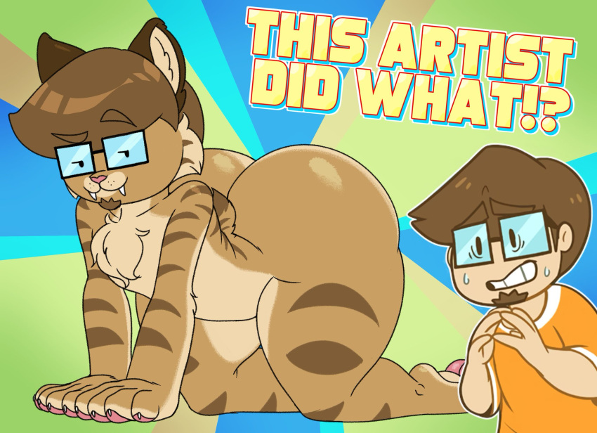 all_fours anthro ass_up big_butt brown_body brown_fur brown_hair bubble_butt butt clothing dot_eyes duo eyewear eyewear_only felid feline from_front_position fur girly glasses glasses_only hair hi_res hindpaw huge_butt huge_hips huge_thighs king_jion kingfurryjion lynx male mammal meme multicolored_body multicolored_fur nacked nervous nervous_smile nervous_sweat nude paws pinup pose presenting presenting_hindquarters saberspark saberspark_(character) sensual sexy_eyes shirt short_tail smile striped_body striped_fur stripes text thick_thighs topwear tuft_chest tufted_ears two_tone_body two_tone_fur wide_hips youtube_thumbnail youtuber