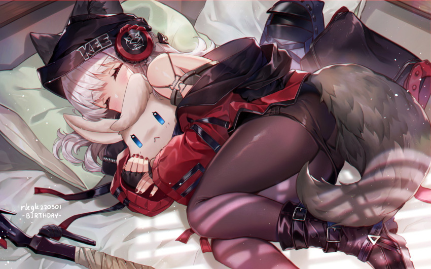1girl animal_ears arknights bangs beanie bed birthday black_legwear black_skirt blue_eyes blush boots bunny closed_mouth cushion detached_sleeves doctor_(arknights) dutch_angle ears_through_headwear fingerless_gloves fox_ears fox_girl fox_tail frostleaf_(arknights) gloves hat headphones highres hug light_particles long_hair long_sleeves miniskirt ninjinshiru off-shoulder_shirt off_shoulder on_bed oversized_clothes pantyhose red_nails shirt skirt sleeping solo stuffed_toy tail thighs weapon white_hair window_shade