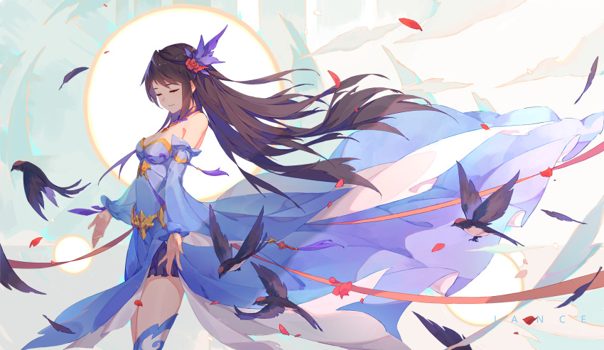 1girl asymmetrical_legwear bird black_hair blue_dress closed_eyes dress hair_ornament highres lance_(lancelliu) long_hair mismatched_legwear open_arms sash tassel yao_yao_(yuan_zun) yuan_zun