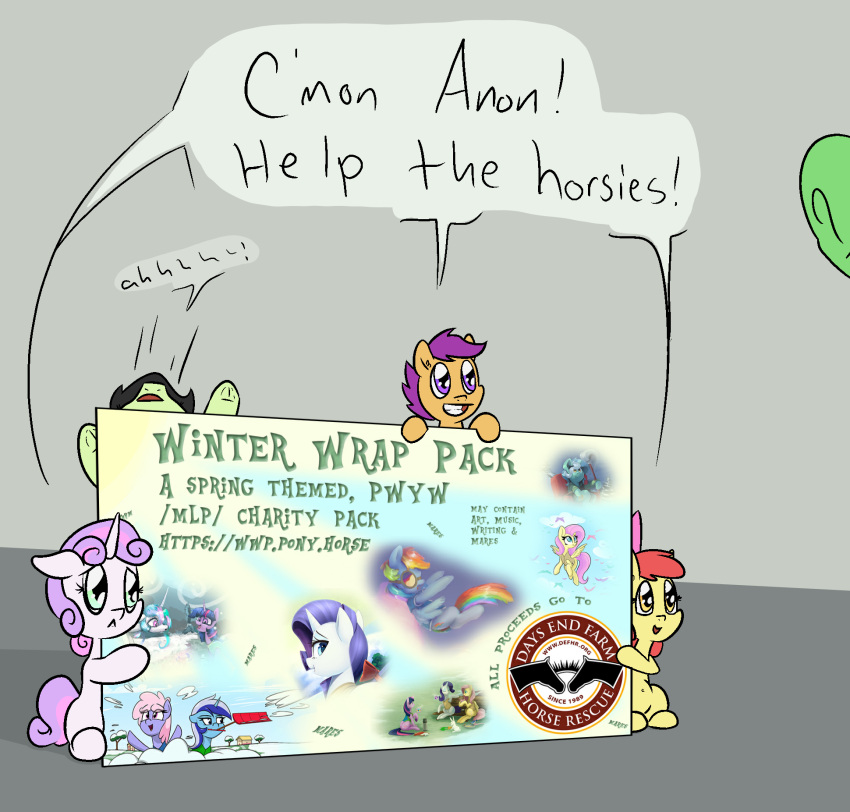 accessory angel_(mlp) anon apple_bloom_(mlp) art_pack blue_body blue_fur blue_hair charity clothing colgate_(mlp) collaboration dialogue earth_pony english_text equid equine falling female feral filly_anon fluttershy_(mlp) friendship_is_magic fundraiser fur green_body green_eyes green_fur green_hair green_skin group hair hair_accessory hair_bow hair_ribbon happy_harvey hasbro hi_res holding_object holding_sign hooves horn horse human lagomorph leporid lyra_heartstrings_(mlp) male mammal multicolored_hair my_little_pony orange_body orange_eyes orange_fur pegasus phone_drawing pink_hair pony poster princess_celestia_(mlp) purple_eyes purple_hair rabbit rainbow_dash_(mlp) rainbow_hair rarity_(mlp) red_hair ribbons sad_eyes scootaloo_(mlp) sign sitting smile snow sweetie_belle_(mlp) text topwear twilight_sparkle_(mlp) underhoof unicorn vest white_body white_fur winged_unicorn wings winter_wrap_up
