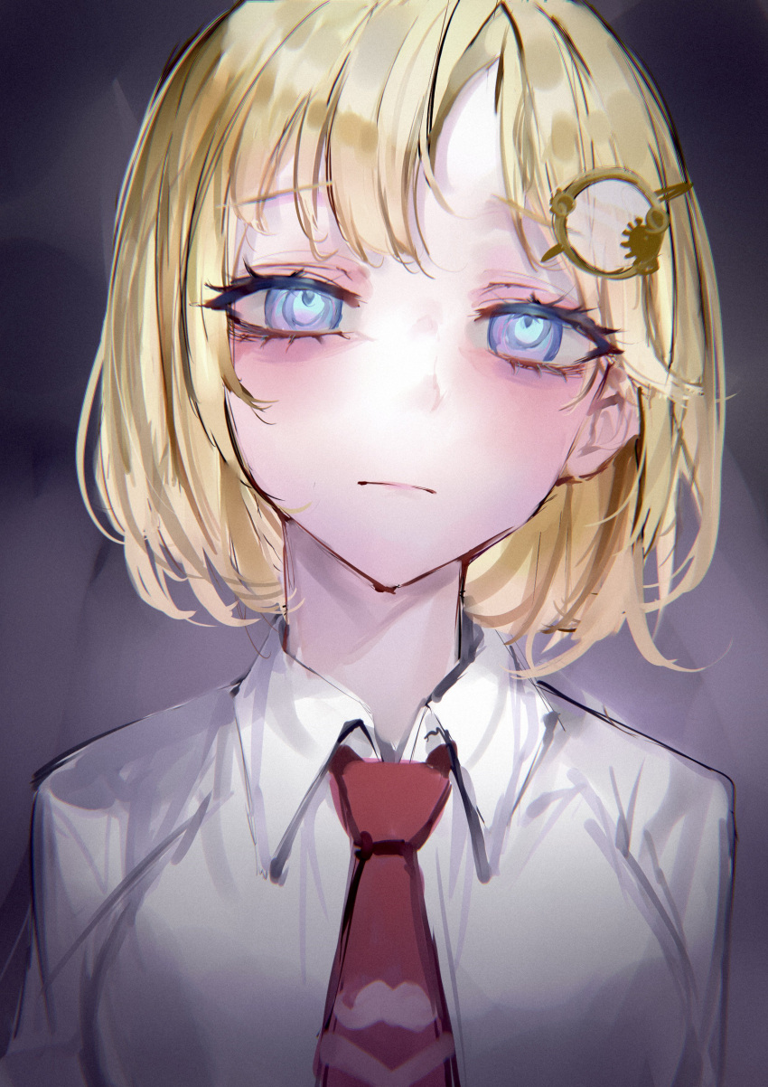 1girl absurdres blonde_hair blue_eyes blush bob_cut closed_mouth collared_shirt depressed hair_ornament highres hololive hololive_english looking_at_viewer medium_hair mile_(off8mile) necktie red_necktie shirt solo upper_body watson_amelia white_shirt wing_collar