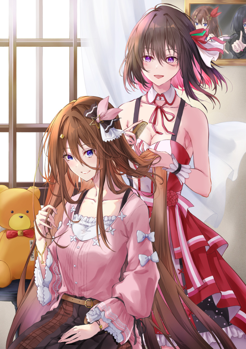 2girls ankimo_(tokino_sora) asahi_tsujino azki_(hololive) black_hair blue_eyes breasts brown_hair colored_inner_hair comb combing curtains detached_collar dress facial_mark hair_ornament hair_ribbon highres hololive long_hair medium_breasts multicolored_hair multiple_girls pink_dress pink_shirt purple_eyes ribbon shirt skirt star_(symbol) star_hair_ornament tokino_sora very_long_hair virtual_youtuber window