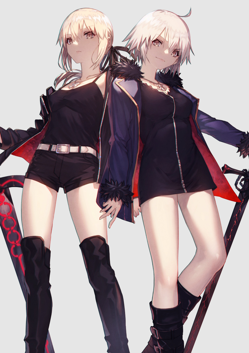 2girls absurdres artoria_pendragon_(fate) belt black_dress blonde_hair boots breasts brown_eyes cleavage dress excalibur_morgan_(fate) fate/grand_order fate_(series) fur_trim highres holding holding_sword holding_weapon jacket jeanne_d'arc_alter_(fate) jeanne_d'arc_alter_(ver._shinjuku_1999)_(fate) jewelry looking_at_viewer multiple_girls nakanishi_tatsuya necklace saber_alter saber_alter_(ver._shinjuku_1999)_(fate) short_hair shorts smile sword tank_top thigh_boots thighhighs weapon white_hair