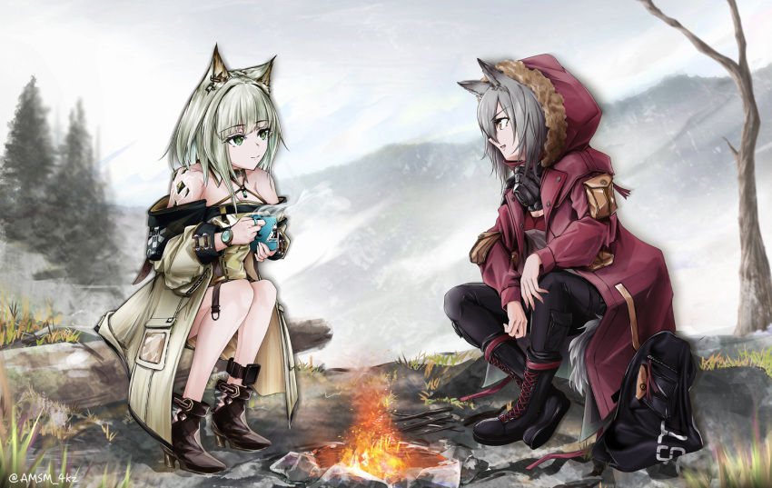 2girls :d animal_ear_fluff animal_ears arknights bag bangs bare_shoulders bare_tree black_choker black_footwear black_pants boots campfire choker cloud cloudy_sky commentary_request criss-cross_halter cross-laced_footwear cup eyebrows_visible_through_hair fire from_side fur-trimmed_jacket fur_trim grass green_eyes grey_hair grey_jacket halterneck high_heel_boots high_heels hood hooded_jacket jacket jewelry kal'tsit_(arknights) lace-up_boots lantern long_sleeves looking_at_another multiple_girls off-shoulder_jacket off_shoulder open_mouth oripathy_lesion_(arknights) outdoors pants profile projekt_red_(arknights) red_jacket rhodes_island_logo ring short_hair sitting sky smile steam tail tree watch wolf_ears wolf_tail wristwatch yellow_eyes yokaze_(yokajie)