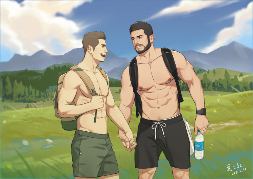 2boys abs absurdres backpack bag bara beard black_hair black_shorts bottle brown_hair chris_redfield closed_eyes closed_mouth commission couple day facial_hair green_shorts highres holding holding_bottle holding_hands koji_(wildlhz) large_pectorals long_sideburns looking_at_another male_focus multiple_boys muscular muscular_male navel nipples open_mouth outdoors pectorals piers_nivans resident_evil resident_evil_6 short_hair shorts sideburns sky smile topless_male watch water_bottle wristwatch yaoi