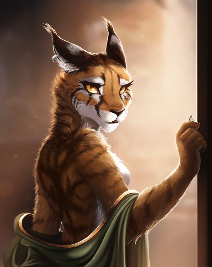 absurd_res ahnassi anthro bethesda_softworks breasts clothed clothing colored conditional_dnp detailed_background digital_media_(artwork) ear_piercing english_text felid female fur hi_res khajiit looking_at_viewer mammal morrowind nipples piercing smile solo text the_elder_scrolls tom_fischbach tuft video_games