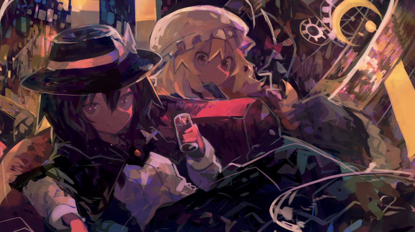 2girls abstract_background absurdres bangs black_capelet black_hair blonde_hair bow capelet commentary couch crescent cup dot_mouth dress fedora frilled_dress frills gap_(touhou) hair_between_eyes hat hat_ribbon highres holding holding_cup kaamin_(mariarose753) long_hair looking_at_viewer maribel_hearn mob_cap multiple_girls purple_dress purple_eyes ribbon shirt short_hair smile sun_symbol touhou usami_renko white_bow white_headwear white_ribbon white_shirt
