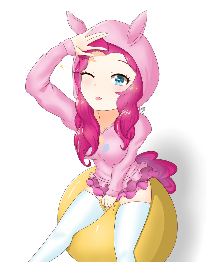 1girl alternate_skin_color animal_ears animal_hood ball blue_eyes covering covering_crotch frilled_skirt frills hand_up highres hood hood_up hoodie horse_ears humanization miniskirt my_little_pony my_little_pony_equestria_girls my_little_pony_friendship_is_magic pink_hair pink_skirt pinkie_pie sitting_on_ball skirt socks solo thighhighs zoxriver503