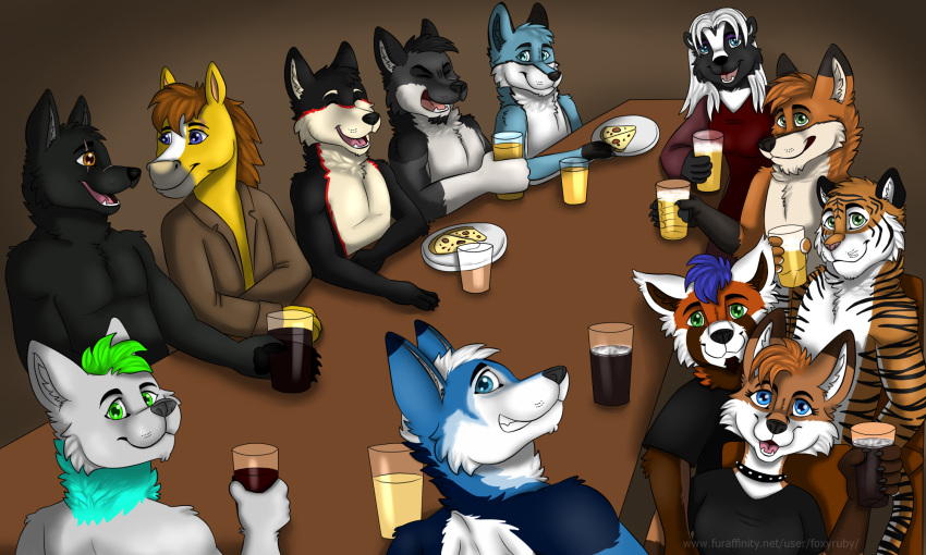 anthro beverage canid canine canis domestic_dog equid equine felid female food fox foxyruby group herm hi_res horse husky intersex male mammal mephitid nordic_sled_dog pantherine pizza pub skunk spitz tiger twillight wolf