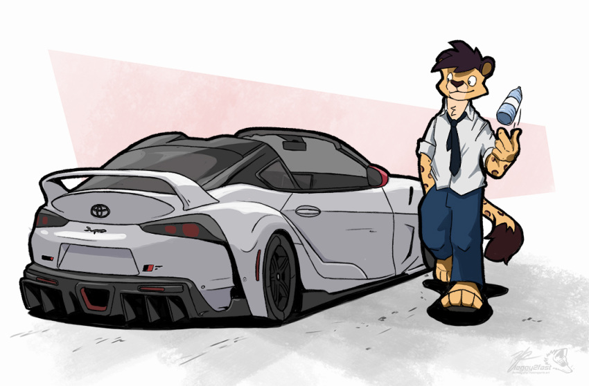 amur_leopard anthro car clothed clothing cole_(cole_rs) digital_media_(artwork) felid feline felis fur hair leopard male mammal pantherine simple_background smile solo spots the_raf topwear toyota toyota_supra vehicle