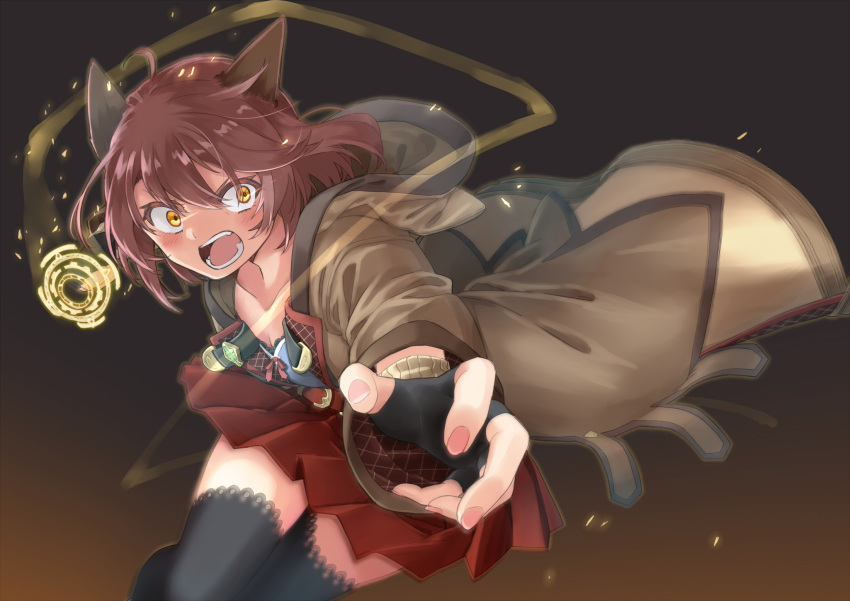 1girl amane_rosylily angry animal_ears black_legwear brown_coat brown_hair cat clenched_hand coat fingerless_gloves fox_ears fox_girl gloves highres hood hood_down hooded_coat incoming_attack incoming_punch open_clothes open_coat orange_eyes original pleated_skirt punching red_skirt sekira_ame short_hair skirt thighhighs v-shaped_eyebrows zettai_ryouiki