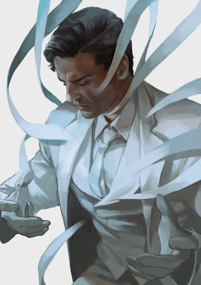 1boy absurdres bandages black_hair closed_eyes closed_mouth collared_shirt facial_hair formal gloves highres jacket male_focus mamba marvel marvel_cinematic_universe moon_knight moon_knight_(disney+) necktie open_clothes open_jacket pants shirt short_hair solo suit superhero vest white_gloves white_jacket white_pants white_shirt white_suit white_vest