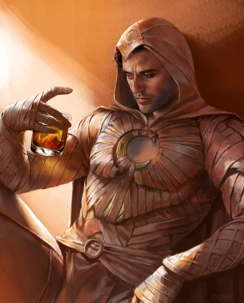 1boy absurdres artist_name bandaged_hand bandages black_hair bodysuit cape closed_mouth cup facial_hair highres holding holding_cup hood hood_up hooded_cape male_focus mamba marvel marvel_cinematic_universe moon_knight moon_knight_(disney+) realistic short_hair solo superhero white_bodysuit white_cape