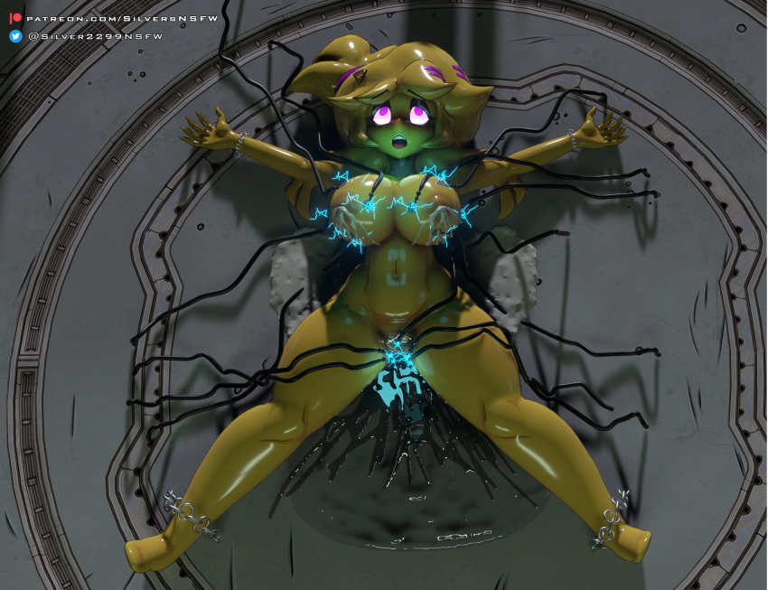 3d_(artwork) animatronic anthro areola avian bdsm big_breasts bird bodily_fluids breasts chain chained chica_(cally3d) chica_(fnaf) chicken digital_media_(artwork) electricity electrostimulation feathers female five_nights_at_freddy's fredina's_nightclub galliform gallus_(genus) genital_fluids genitals hi_res humanoid lactating looking_pleasured machine milk nipples nude open_mouth phasianid pussy pussy_juice robot scottgames silver2299 solo thick_thighs torogao torture video_games wire yellow_body