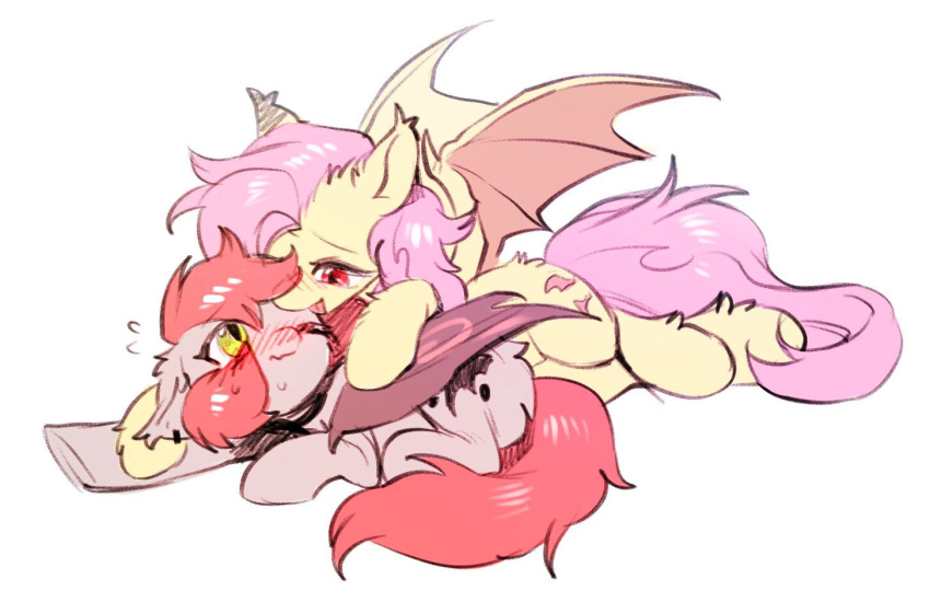 bat_pony bat_wings cutie_mark duo equid fan_character female feral flutterbat_(mlp) fluttershy_(mlp) friendship_is_magic fur grey_body grey_fur hair hasbro inner_ear_fluff mammal membrane_(anatomy) membranous_wings my_little_pony pink_hair pink_tail red_eyes red_tail swaybat tuft wings yellow_body yellow_eyes yellow_fur