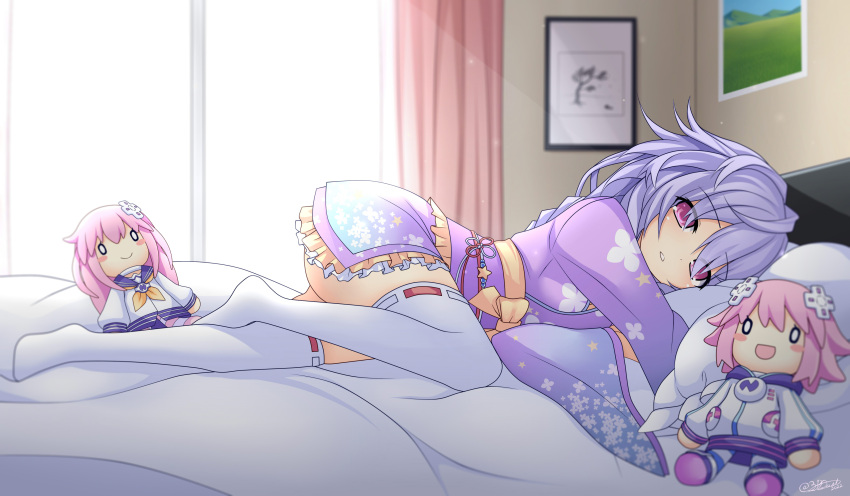 1girl absurdres alexstardust31 alternate_costume ass bare_shoulders blush braid braided_ponytail character_doll commission floral_print frilled_kimono frills full_body highres indoors japanese_clothes kami_jigen_game_neptune_v kimono knee_up legs long_hair long_sleeves looking_at_viewer lying neptune_(neptune_series) neptune_(series) on_bed on_side parted_lips pink_eyes purple_hair purple_kimono pururut ribbon-trimmed_legwear ribbon_trim sash solo star_(symbol) star_print staring thighhighs thighs very_long_hair waking_up white_legwear wide_sleeves