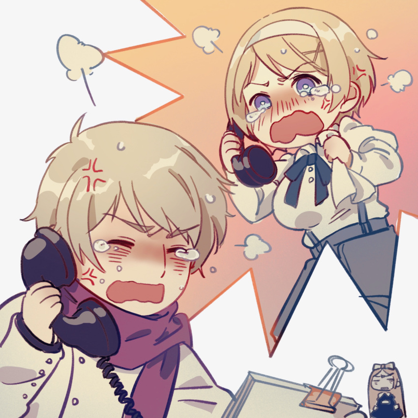 1boy 2girls anger_vein angry axis_powers_hetalia belarus_(hetalia) commentary_request fermium.ice hairband highres long_hair multiple_girls neck_ribbon open_mouth phone ribbon russia_(hetalia) scarf short_hair talking_on_phone tears ukraine_(hetalia) white_background