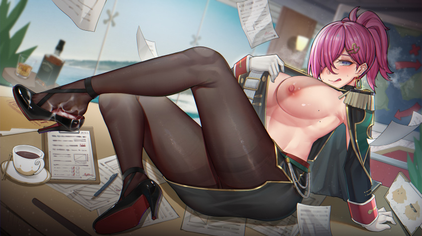 1girl :q absurdres aiguillette azur_lane black_coat black_footwear black_jacket black_legwear black_skirt blue_eyes blurry blurry_background blush breasts coat coffee commentary ctrlz77 cum cum_on_clothes cum_on_legs earrings epaulettes full_body gloves gold_trim hair_over_one_eye high_heels highres indoors jacket jewelry large_breasts looking_at_viewer military military_uniform miniskirt mole mole_on_breast nipples no_bra pantyhose pencil_skirt ponytail pulled_by_self purple_hair shoes sideboob skirt solo tongue tongue_out trieste_(azur_lane) uniform white_gloves