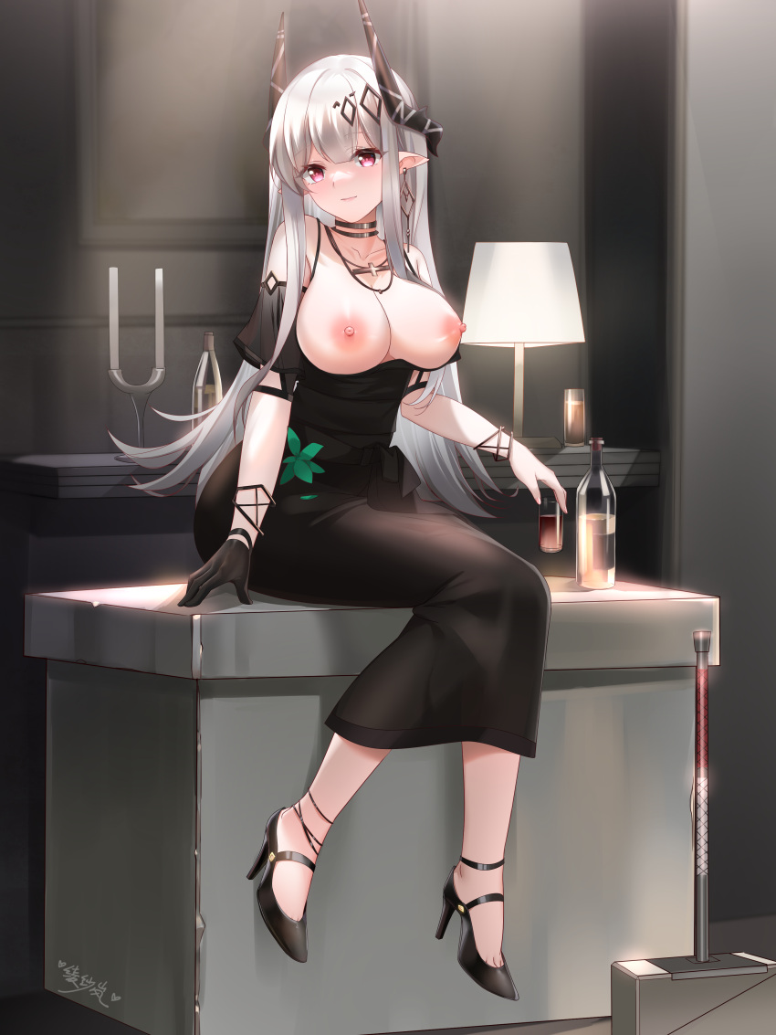 1girl absurdres anklet arknights bangs black_choker black_dress black_footwear black_gloves blush bottle bracelet breasts breasts_out candle choker cleavage closed_mouth clothes_lift collarbone cup detached_sleeves dress drink drinking_glass earrings eyebrows_visible_through_hair full_body gloves hair_ornament hammer heart high_heels highres holding holding_cup horns indoors jewelry lamp large_breasts lingshalan long_hair looking_at_viewer mudrock_(arknights) necklace nipples official_alternate_costume pointy_ears purple_eyes short_sleeves signature single_earring single_glove sitting smile solo very_long_hair