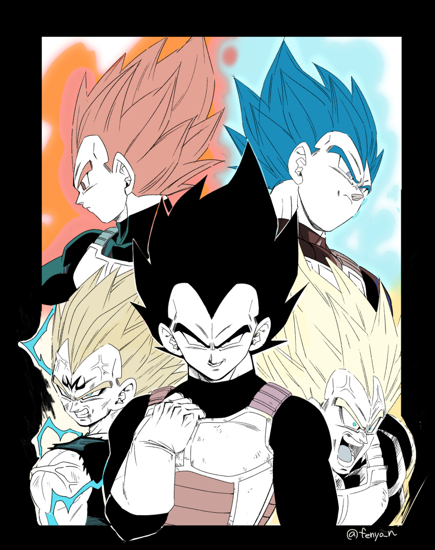 5boys absurdres anger_vein angry aqua_eyes arm_at_side armor black_bodysuit black_eyes black_hair blue_hair bodysuit border clenched_hand clenched_teeth dragon_ball dragon_ball_super dragon_ball_z electricity expressionless fenyon frown gloves grey_eyes hand_up highres looking_afar looking_at_viewer looking_down lower_teeth majin_vegeta male_focus multiple_boys multiple_persona muscular muscular_male open_mouth outline profile red_hair saiyan_armor scratches screaming serious smirk spiked_hair super_saiyan super_saiyan_1 super_saiyan_2 super_saiyan_blue super_saiyan_god teeth twitter_username upper_body upper_teeth variations vegeta veins veiny_arms white_border white_gloves white_outline widow's_peak