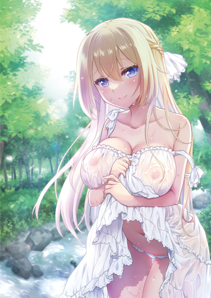 1girl absurdres areolae bangs bare_shoulders blonde_hair blue_eyes blush breasts closed_mouth collarbone day dress eyebrows_visible_through_hair forest highres large_breasts leaning_forward lifted_by_self lips long_hair looking_at_viewer melonbooks mori_marimo nature nipples off_shoulder original outdoors panties see-through shiny shiny_hair shiny_skin simple_background skirt_hold smile solo tree underwear water water_drop wet wet_clothes white_dress white_panties