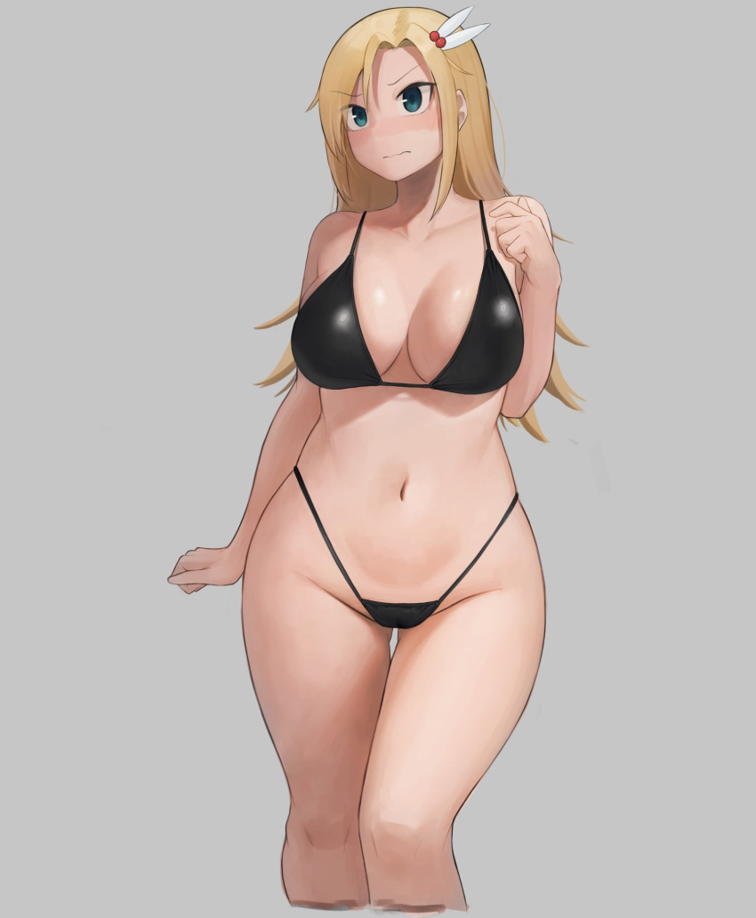1girl ass_visible_through_thighs bangs bikini black_bikini blonde_hair blue_eyes blush breasts character_request closed_mouth collarbone commentary_request copyright_request cropped_legs eyebrows_visible_through_hair grey_background hair_between_eyes hair_ornament highres long_hair navel no_nose oruka_(kamituki0827) simple_background solo straight-on string_bikini swimsuit thick_thighs thighs tsurime