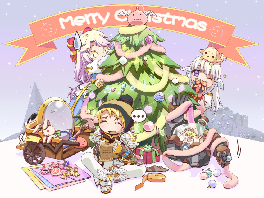 &gt;_&lt; ... 2boys 2girls :3 angeling animal_on_head arch_bishop_(ragnarok_online) armor bangs banner beanie blonde_hair blue_dress candy candy_cane castle checkerboard_cookie chinese_commentary christmas christmas_ornaments christmas_tree closed_eyes commentary_request cookie cross dated day dieter_(ragnarok_online) dog dog_on_head dress eyebrows_visible_through_hair food full_body fumiao genetic_(ragnarok_online) gift gloves hair_between_eyes hat head_wings highres jacket lollipop long_hair looking_at_another looking_at_viewer merry_christmas multiple_boys multiple_girls on_head one_eye_closed open_mouth outdoors pants pauldrons pink_hair pom_pom_(clothes) poring purple_eyes ragnarok_online sash seeing_stars shoes short_hair shoulder_armor signature sitting slit_pupils snow snowing spoken_ellipsis staff standing star_(symbol) stuffed_animal stuffed_bunny stuffed_toy sweatdrop teeth tree vial white_footwear white_gloves white_hair white_jacket white_pants white_wings wings wrapping_paper yellow_sash