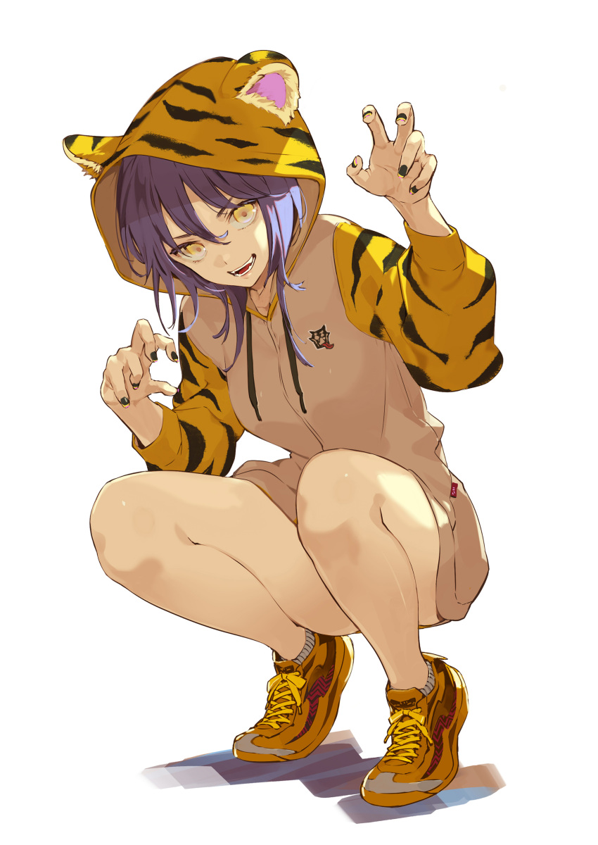 1girl absurdres animal_ears animal_print black_nails blue_hair claw_pose fake_animal_ears fangs full gin_(oyoyo) hair_between_eyes highres hood hoodie looking_at_viewer medium_hair nail_polish open_mouth original shoes simple_background sneakers solo squatting teeth thighs tiger_ears tiger_print white_background yellow_eyes