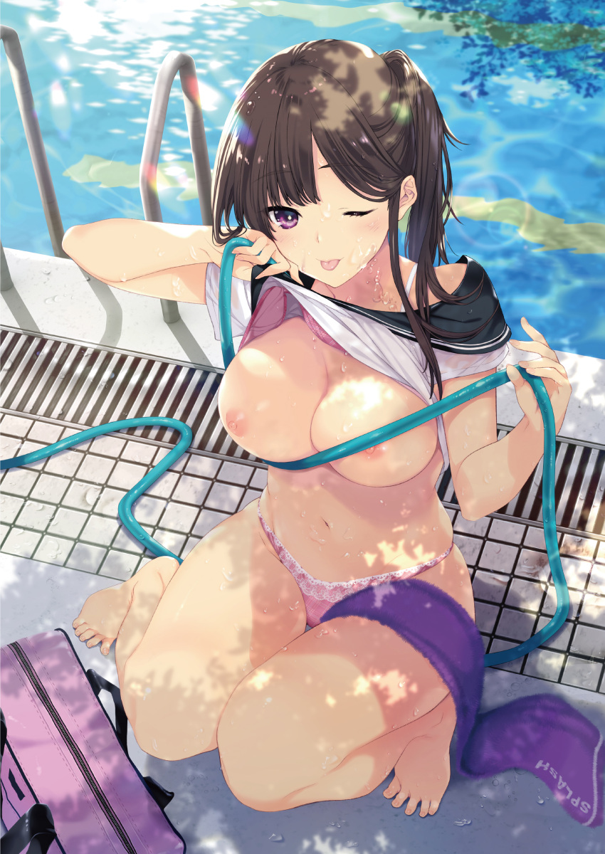 1girl absurdres bangs barefoot brown_hair collarbone day full_body highres hose iizuki_tasuku looking_at_viewer melonbooks navel original outdoors pool_ladder poolside purple_eyes shiny shiny_hair simple_background solo stomach toes water