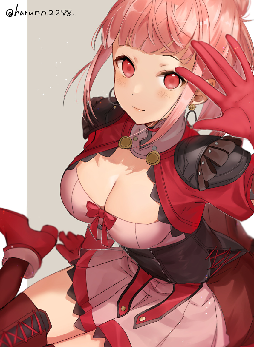 1girl alternate_costume arms_up blush boots breasts cleavage earrings fire_emblem fire_emblem:_three_houses fire_emblem_heroes gloves hair_bun haru_(nakajou-28) high_heels highres hilda_valentine_goneril hoop_earrings jewelry l large_breasts looking_at_viewer miniskirt pink_eyes pink_hair pink_lips seiza sitting skirt timeskip white_background