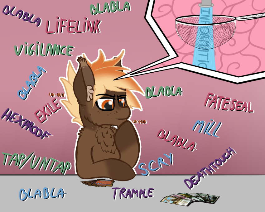 2022 absurd_res bat_pony blonde_hair brown_body chest_tuft english_text equid fan_character feral hair hasbro hi_res humor inner_ear_fluff justapone magic:_the_gathering male mammal my_little_pony sieve simple_background solo text trading_card tuft wizards_of_the_coast