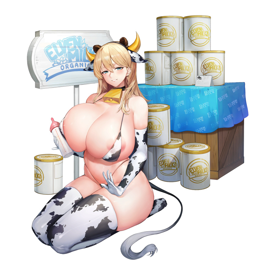 1girl alternate_hairstyle animal_ears animal_print areola_slip areolae baby_bottle bangs bear_ears bell bikini blue_eyes bottle breasts cow_ears cow_print cow_tail cowbell elbow_gloves english_text extra_ears frigga_(last_origin) full_body gigantic_breasts gloves grin hair_down highres jam_(nandade) lap_pillow_invitation last_origin mole mole_under_mouth neck_bell official_art seiza signpost sitting smile solo swimsuit tachi-e tail thighhighs transparent_background