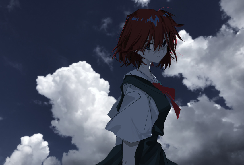 1girl blue_eyes brown_hair closed_mouth cloud cloudy_sky hair_between_eyes highres kirishima_mana narue neckerchief neon_genesis_evangelion neon_genesis_evangelion:_iron_maiden red_neckerchief short_hair sketch sky smile solo