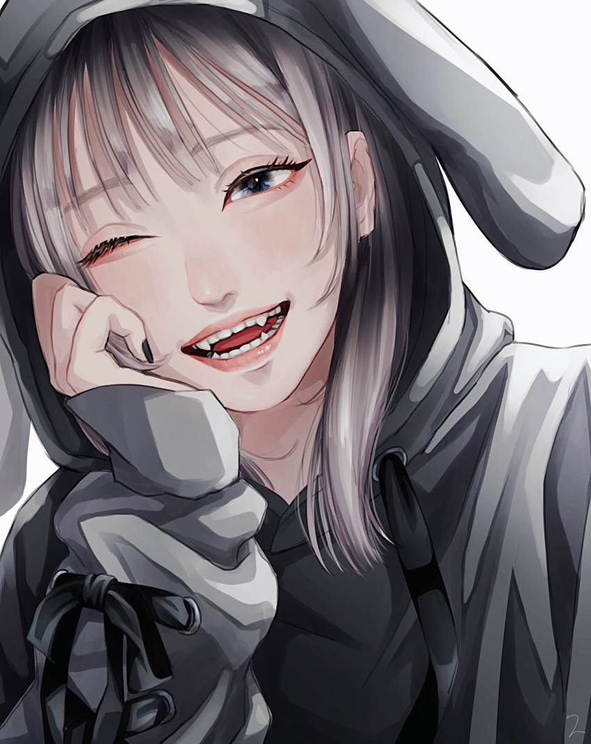 1girl :d animal_hood black_nails black_ribbon blue_eyes bunny_hood fangs fingernails grey_hair grey_hoodie hand_on_own_cheek hand_on_own_face highres hood hood_up hoodie long_hair long_sleeves looking_at_viewer nail_polish one_eye_closed open_mouth original ribbon simple_background sleeve_ribbon smile solo tsunko_(9v2_q) upper_body white_background