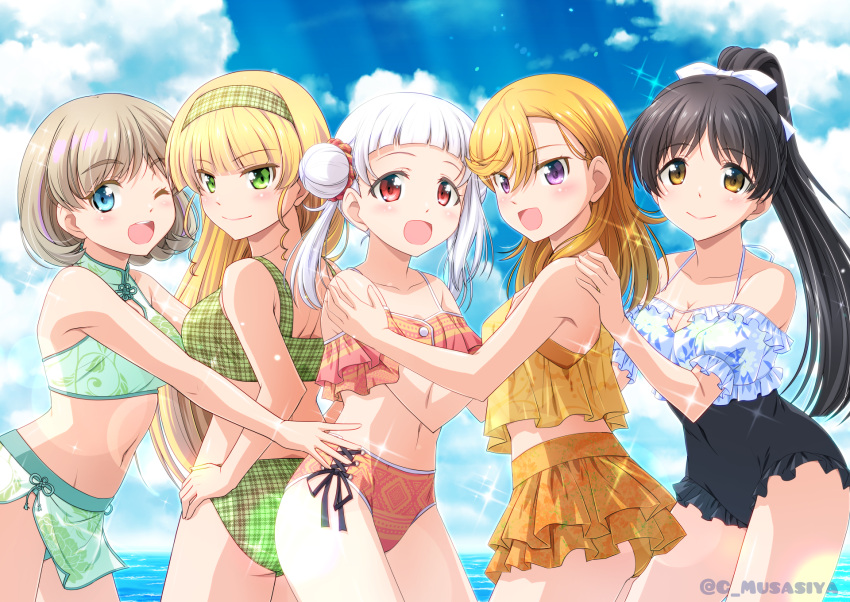 5girls :d ;d aqua_bikini arashi_chisato ass bangs bare_arms bare_shoulders bikini bikini_skirt black_hair black_swimsuit blonde_hair blue_eyes blue_sky blue_swimsuit blunt_bangs blush bow breasts casual_one-piece_swimsuit cleavage cleavage_cutout closed_mouth clothing_cutout cloud collarbone commentary_request covered_navel cowboy_shot cross-laced_bikini cross-laced_clothes double_bun eyebrows_visible_through_hair floral_print flower_knot frilled_bikini frilled_swimsuit frills green_bikini green_eyes green_hairband grey_hair hair_behind_ear hair_between_eyes hair_bow hair_ornament hair_scrunchie hairband halterneck hand_on_another's_shoulder hands_up hazuki_ren heanna_sumire high_ponytail highres horizon light_particles long_hair looking_at_viewer looking_to_the_side love_live! love_live!_superstar!! medium_breasts medium_hair multicolored_bikini multicolored_clothes multicolored_hair multiple_girls musashiya_chougenbou navel ocean off-shoulder_bikini off-shoulder_one-piece_swimsuit off_shoulder one-piece_swimsuit one_eye_closed open_mouth orange_bikini orange_hair outstretched_arms pink_hair plaid plaid_bikini plaid_hairband ponytail print_bikini print_swimsuit purple_eyes red_bikini red_eyes red_scrunchie scrunchie shibuya_kanon short_hair side-tie_bikini sky smile sparkle standing stomach streaked_hair sunlight swept_bangs swimsuit tang_keke tankini teeth twintails twitter_username two-tone_hair two-tone_swimsuit upper_teeth white_bow white_hair yellow_eyes