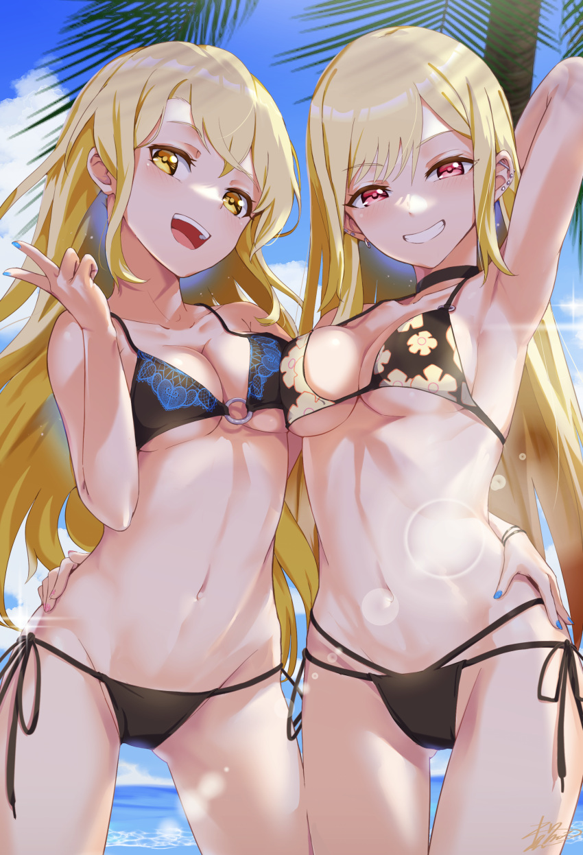 2girls :d absurdres arm_up armpits bang_dream! bangs barbell_piercing bare_shoulders bikini black_bikini black_choker blonde_hair blue_nails blue_sky blush bracelet breast_press breasts choker cleavage cloud collarbone colored_tips commentary_request commission cowboy_shot day ear_piercing eyebrows_visible_through_hair floral_print gradient_hair grin groin gyaru hair_between_eyes hand_on_another's_hip highres jewelry kagami_(haret46) kirigaya_touko kitagawa_marin lens_flare long_hair looking_at_viewer medium_breasts multi-strapped_bikini multicolored_hair multiple_girls navel ocean open_mouth outdoors palm_tree partial_commentary piercing print_bikini red_eyes red_hair shadow side-tie_bikini sidelocks signature skeb_commission sky smile sono_bisque_doll_wa_koi_wo_suru standing stomach suguta_hina swept_bangs swimsuit symmetrical_docking teeth thigh_gap trait_connection tree upper_teeth v voice_actor_connection wavy_hair yellow_eyes