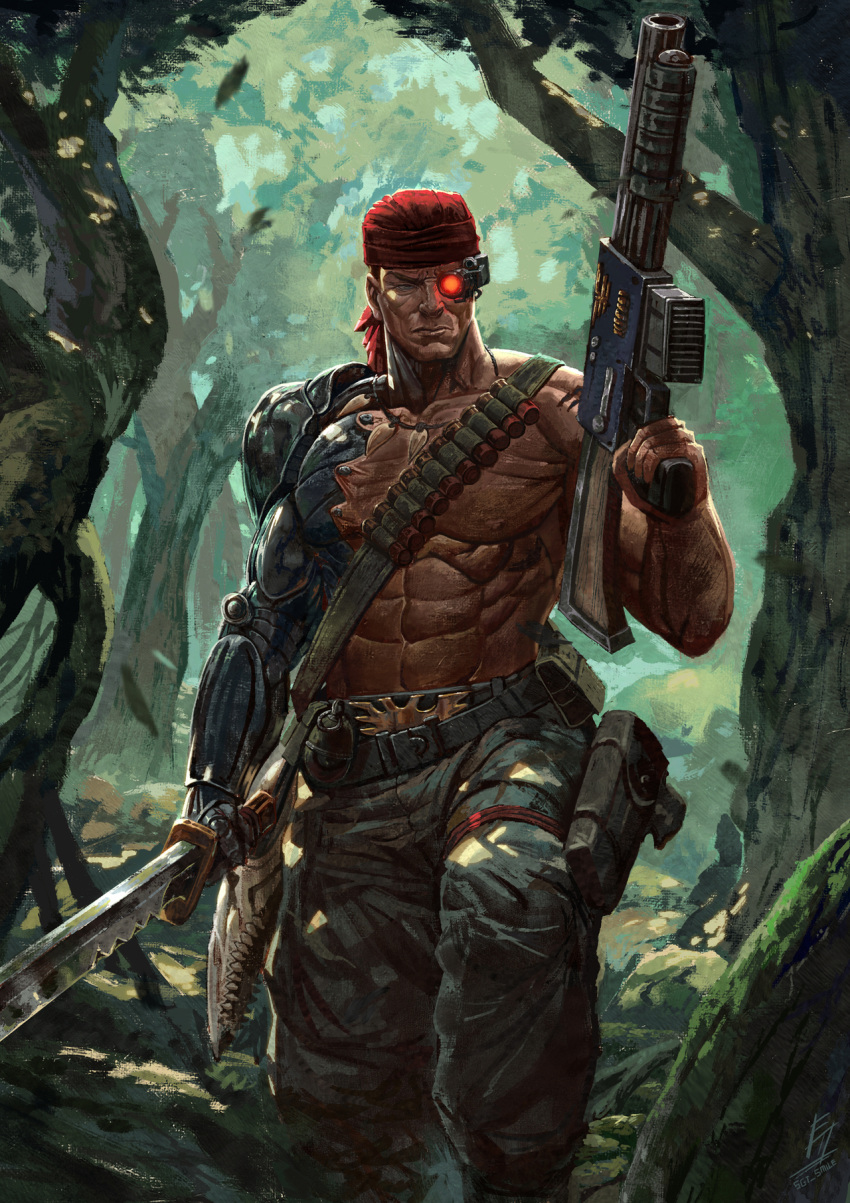 1boy abs ammunition_belt artificial_eye bandana belt belt_buckle buckle colonel_"iron_hand"_straken commission cyborg dual_wielding english_commentary forest glowing glowing_eye gun highres holding holding_gun holding_sword holding_weapon holster holstered_weapon male_focus manly mechanical_arms mechanical_eye muscular muscular_male nature parody rambo red_bandana rifle scouter sgt_lonely shotgun shotgun_shell single_mechanical_arm skull_ornament solo sword thigh_holster topless_male warhammer_40k weapon