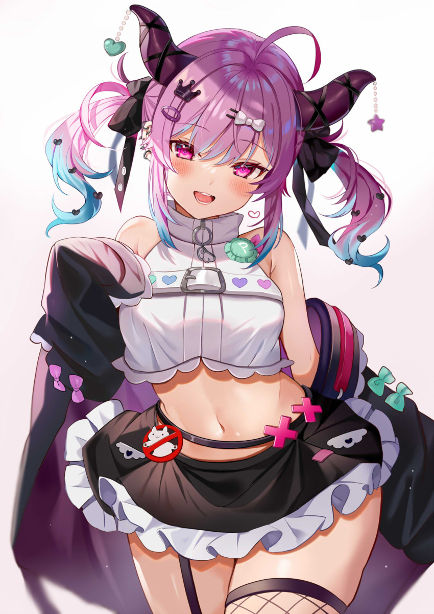 1girl :d ahoge armpit_crease bare_shoulders black_jacket black_skirt bow breasts cowboy_shot crop_top crop_top_overhang fishnet_legwear fishnets frilled_skirt frills garter_straps hair_bow hair_ornament hairclip highres horn_ornament horns indie_virtual_youtuber jacket long_hair long_sleeves looking_at_viewer medium_breasts midriff miniskirt multicolored_hair navel off_shoulder open_clothes open_jacket open_mouth pink_eyes pink_hair revealing_clothes satou_pote_(vtuber) satoupote shirt sidelocks simple_background skirt sleeveless sleeveless_shirt sleeveless_turtleneck sleeves_past_fingers sleeves_past_wrists smile solo stomach thighs turtleneck twintails two-tone_hair virtual_youtuber white_background white_shirt