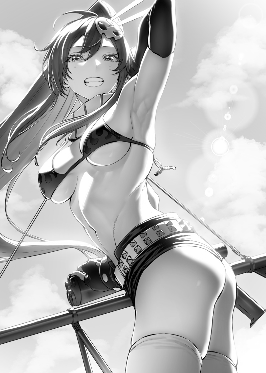 1girl arm_behind_head arm_up armpits ass bangs bikini bikini_top_only breasts cloud elbow_gloves fingerless_gloves flame_print floating_hair from_side gloves greyscale grin gun hair_ornament highres holding holding_gun holding_weapon large_breasts long_hair looking_at_viewer monochrome mugetsu2501 navel outdoors ponytail rifle scope skull_hair_ornament sky smile sniper_rifle solo stomach swimsuit teeth tengen_toppa_gurren_lagann thighhighs twisted_torso weapon yoko_littner