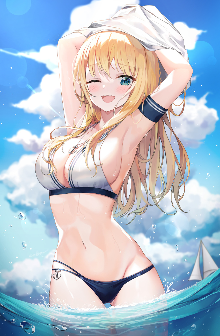 1girl ;d absurdres anchor_necklace aqua_eyes armband armpits arms_up ass_visible_through_thighs bare_shoulders beach bikini black_bikini blonde_hair blue_eyes boat breasts cleavage cloud cloudy_sky cowboy_shot green_eyes highres jewelry large_breasts minari_(lmina09) mismatched_bikini multi-strapped_bikini navel necklace one_eye_closed open_mouth original sailboat shirt_removed sky smile solo standing stomach string_bikini swimsuit symbol-only_commentary thigh_gap undressing wading water watercraft wet white_bikini