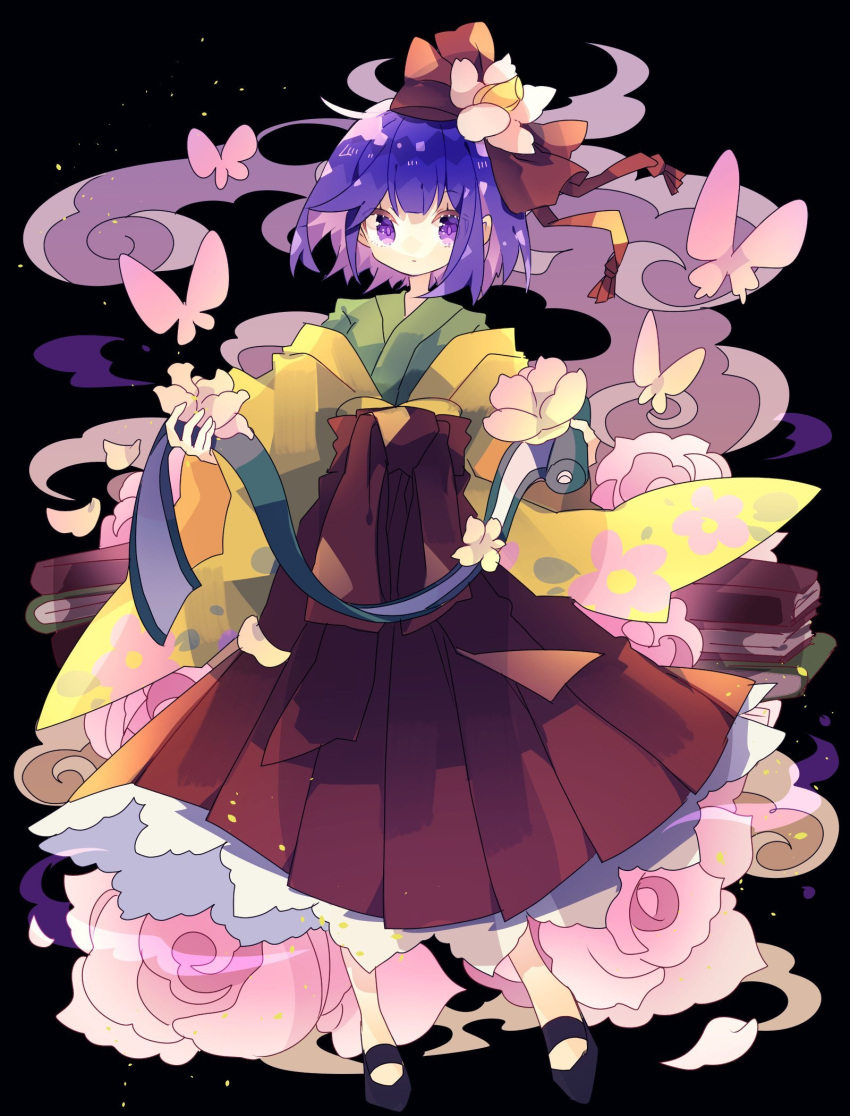 1girl bangs black_footwear book bow bug butterfly commentary floral_print flower flower_ornament full_body green_kimono hair_bow hieda_no_akyuu highres holding holding_scroll japanese_clothes kimono layered_clothing layered_kimono long_sleeves mary_janes nikorashi-ka pink_flower pink_rose purple_eyes purple_hair red_bow red_sash red_skirt rose sash scroll shoes short_hair skirt solo touhou wide_sleeves yellow_kimono