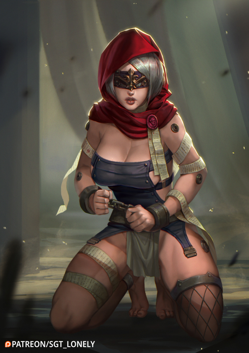 1girl bangs barefoot blindfold breasts cleavage covered_eyes crossover cyborg detached_hood english_commentary fishnet_legwear fishnets grey_hair highres hood hood_up kneeling lips medium_breasts mole mole_under_mouth nier_(series) nier_automata no_panties nose paid_reward_available pelvic_curtain pinup_(style) purity_seal red_hood sgt_lonely short_hair single_thighhigh sister_repentia solo swept_bangs thigh_strap thighhighs warhammer_40k yorha_no._2_type_b