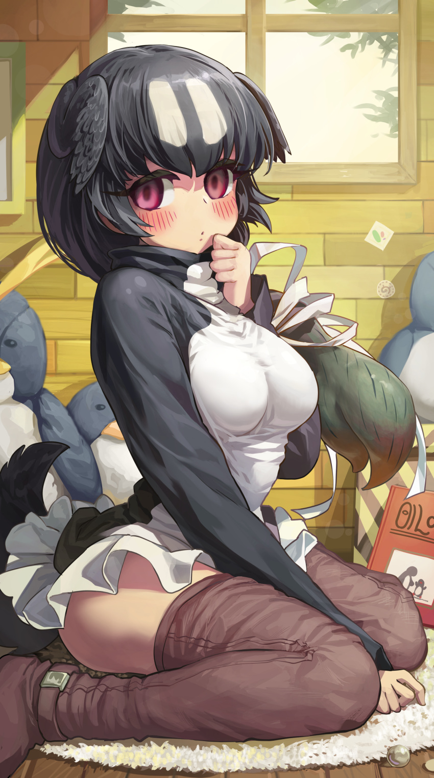 1girl absurdres between_legs bird_tail black_hair blush boots breasts day eyebrows_visible_through_hair great_auk_(kemono_friends) hand_between_legs hand_on_own_chin hand_up head_wings highres indoors kemono_friends large_breasts long_sleeves looking_at_viewer medium_breasts melaton multicolored_hair purple_eyes sitting solo stuffed_toy tail thigh_boots thighhighs wariza window