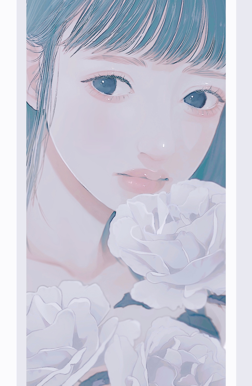 1girl absurdres bangs blue_hair blunt_bangs flower highres lipstick looking_at_viewer makeup original parted_lips pink_lips portrait rose solo tsunko_(9v2_q) white_flower white_rose
