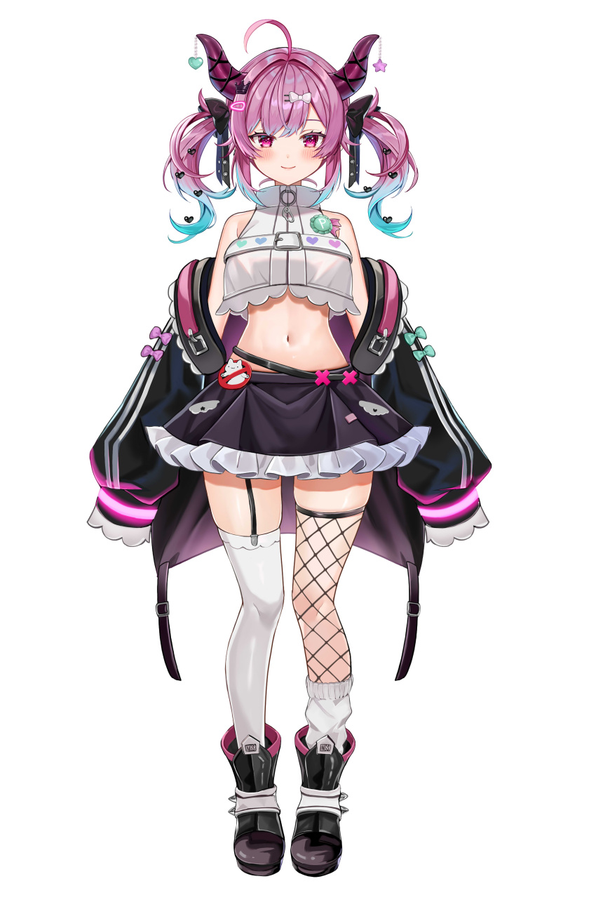 1girl absurdres ahoge asymmetrical_legwear bare_shoulders belt black_footwear black_jacket black_skirt boots bow breasts crop_top crop_top_overhang fishnet_legwear fishnets frilled_skirt frills full_body garter_straps gradient_hair hair_bow hair_ornament high_collar highres horns indie_virtual_youtuber jacket large_breasts long_hair long_sleeves looking_at_viewer midriff miniskirt multicolored_hair navel off_shoulder open_clothes open_jacket pink_eyes pink_hair revealing_clothes satou_pote_(vtuber) satoupote shirt sidelocks simple_background skirt sleeveless sleeveless_shirt sleeves_past_fingers sleeves_past_wrists solo standing stomach thighhighs thighs twintails virtual_youtuber white_background white_legwear white_shirt zettai_ryouiki