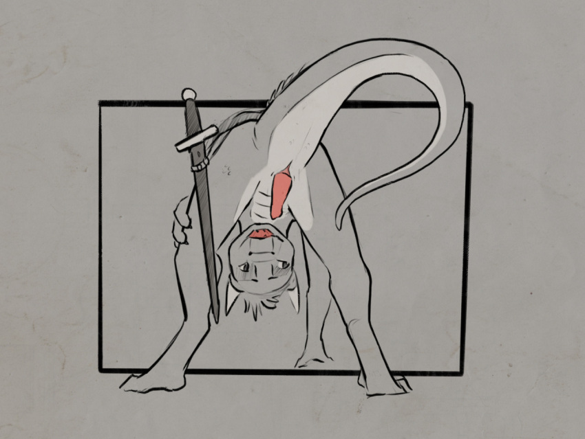 animal_genitalia anthro bent_over butt cloaca cloacal_penis digitigrade erection genitals kobold looking_through looking_through_legs male melee_weapon open_mouth penis presenting presenting_hindquarters presenting_penis raised_tail sketch solo sword tuke weapon