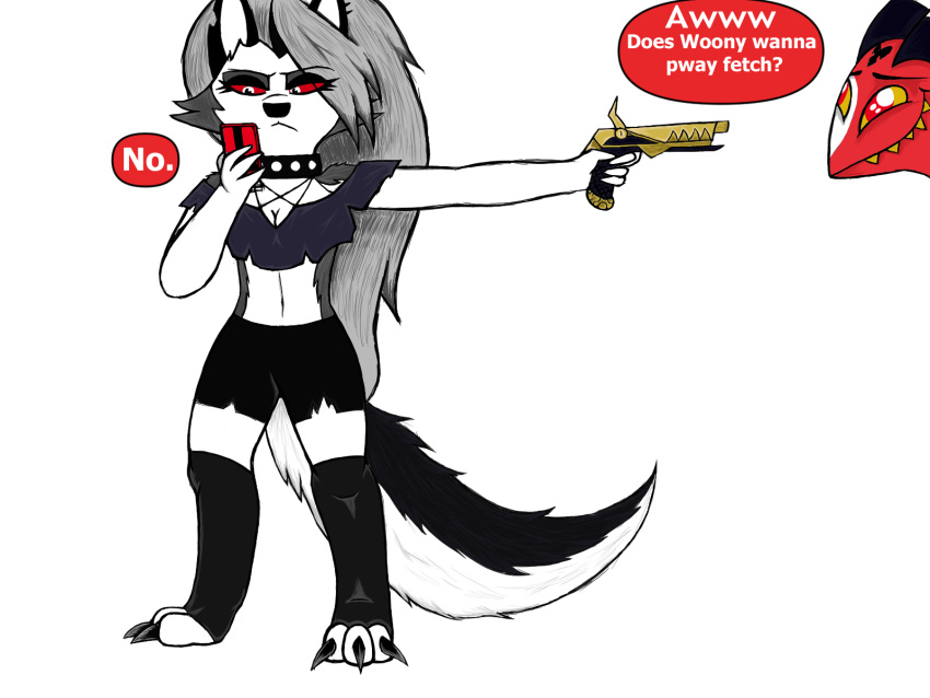 anthro blitzo_(helluva_boss) boss canid canid_demon canine demon edgy father female goth gun hell hellhound helluva_boss hi_res imp loona_(helluva_boss) male mammal parent phone proud ranged_weapon teenager weapon young
